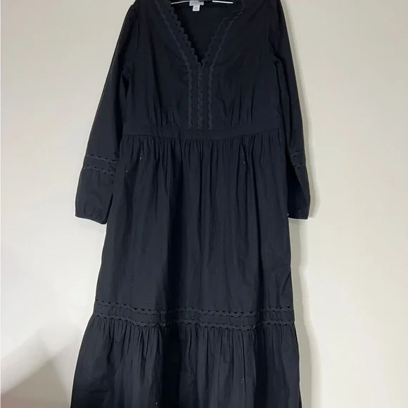 J Crew Midi Dress XS Cotton Blend Black Ruffle 3/4 Sleeve Scalloped Edge A051023 - Picture 2 of 8